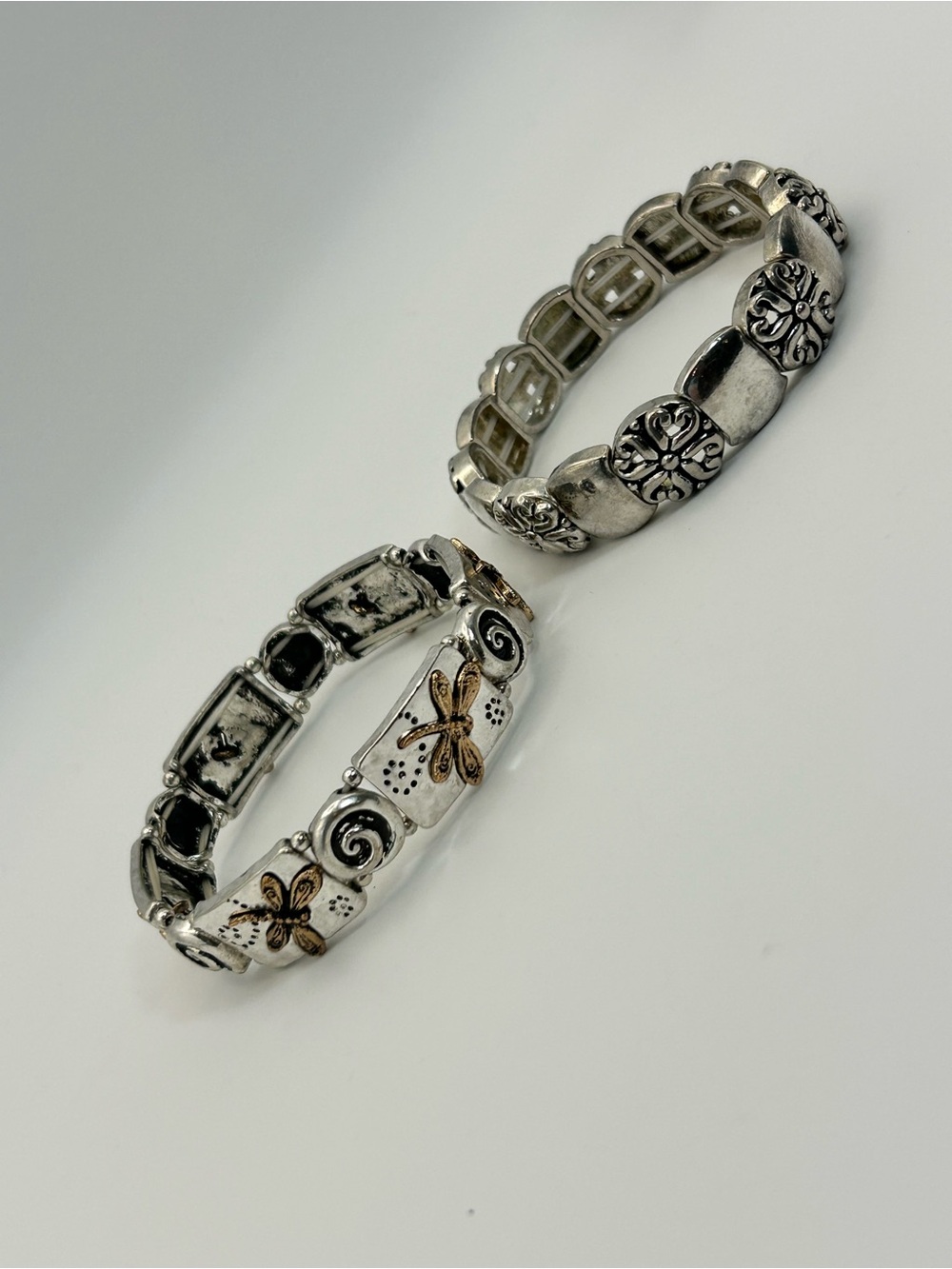 Silver & Gold-Tone Dragonfly Floral Stretch Bracelet Pair of 2 Vintage - Picture 11 of 13